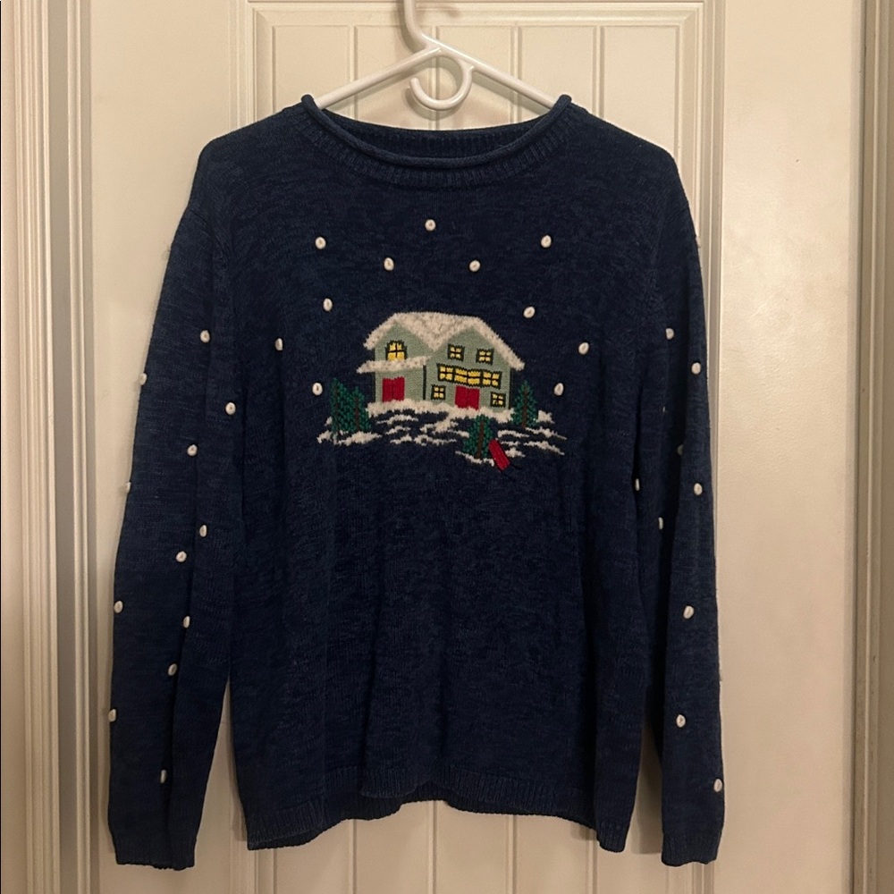 Cozy Winter House Scene Sweater - Navy